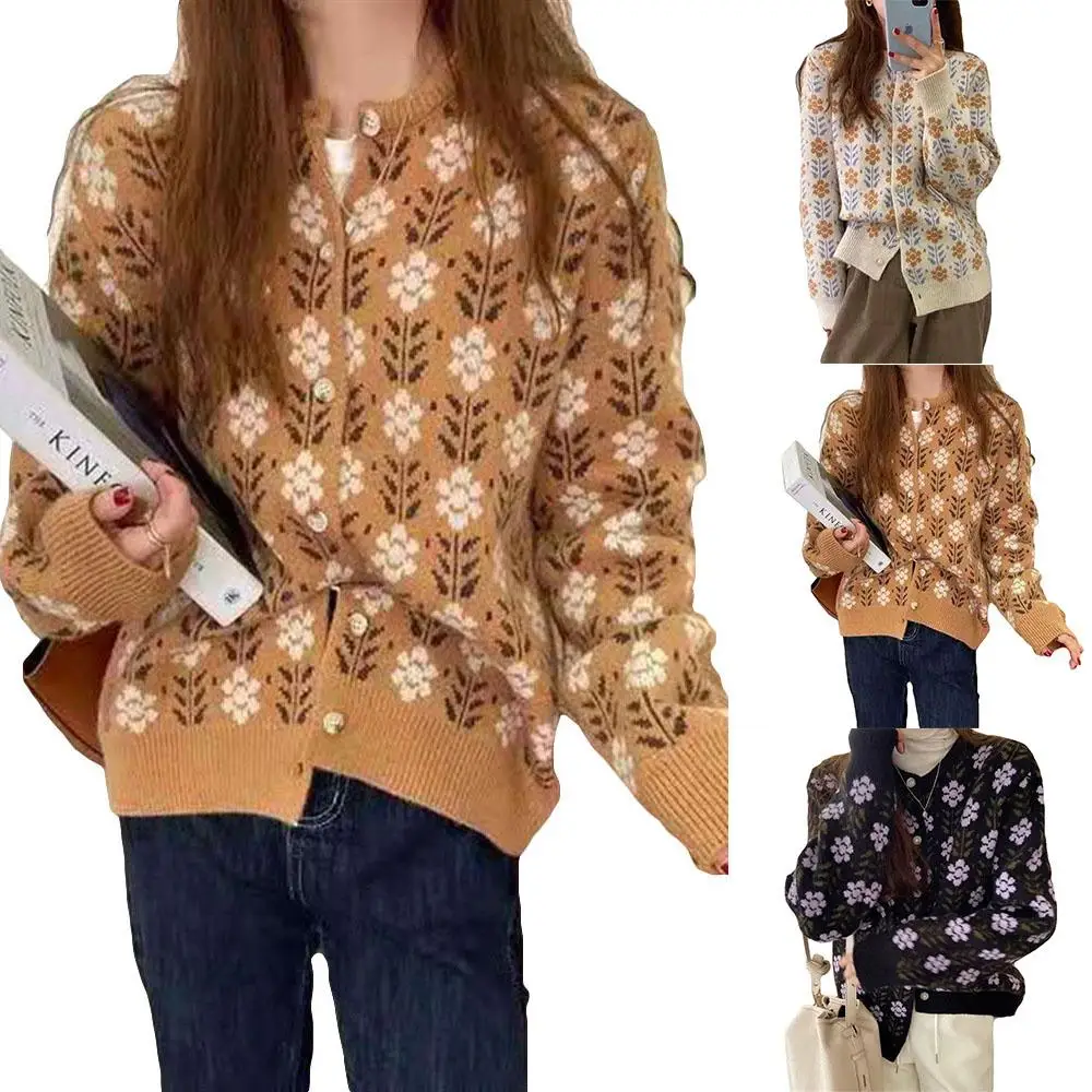 

Fashion Women Long Sleeve Autumn Winter Coat Flower Printed Knitted Sweater Streetwear