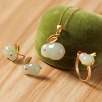 foydjew imitation hetian jade jewelry sets retro gold color rings inlaid stone bunny necklace cute rabbit stud earrings necklace
