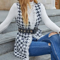 2022 autumn and winter new womens v neck fashion cardigan black and white plaid mid length vest womens small fragrance vest