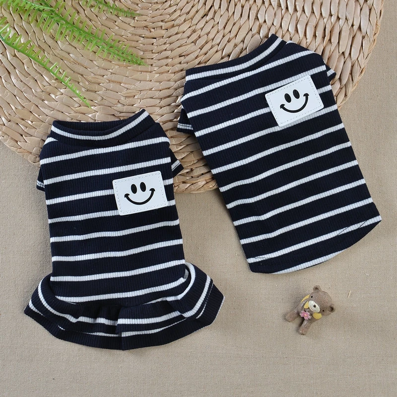 

Spring Wear Dog Clothing Striped Vest T-shirt Summer Pet Cat Clothes Teddy Bichon Small Dogs Striped Vest Smiley Skirt