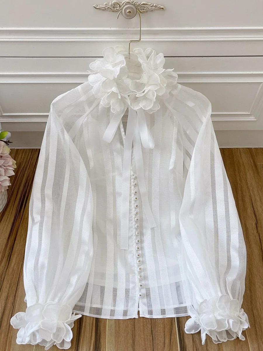 

Summer net yarn stripes hollow ruffles retro elegant loose ladies tops shirts 2021New women's wear fashion party pullovers XL