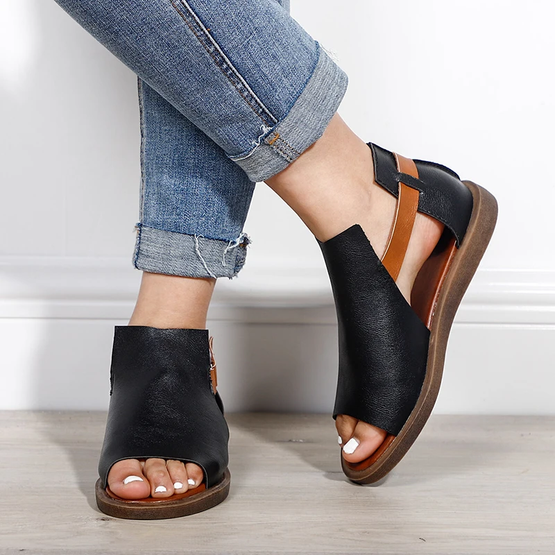 Женские сандалии на плоской подошве с открытым носком Летние гладиаторы липучке