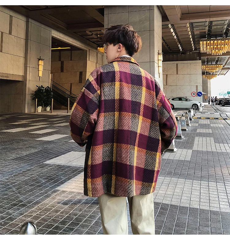 Fashion Mens woolen coat Red Khaki Loose plaid jacket Autumn Spring Winter