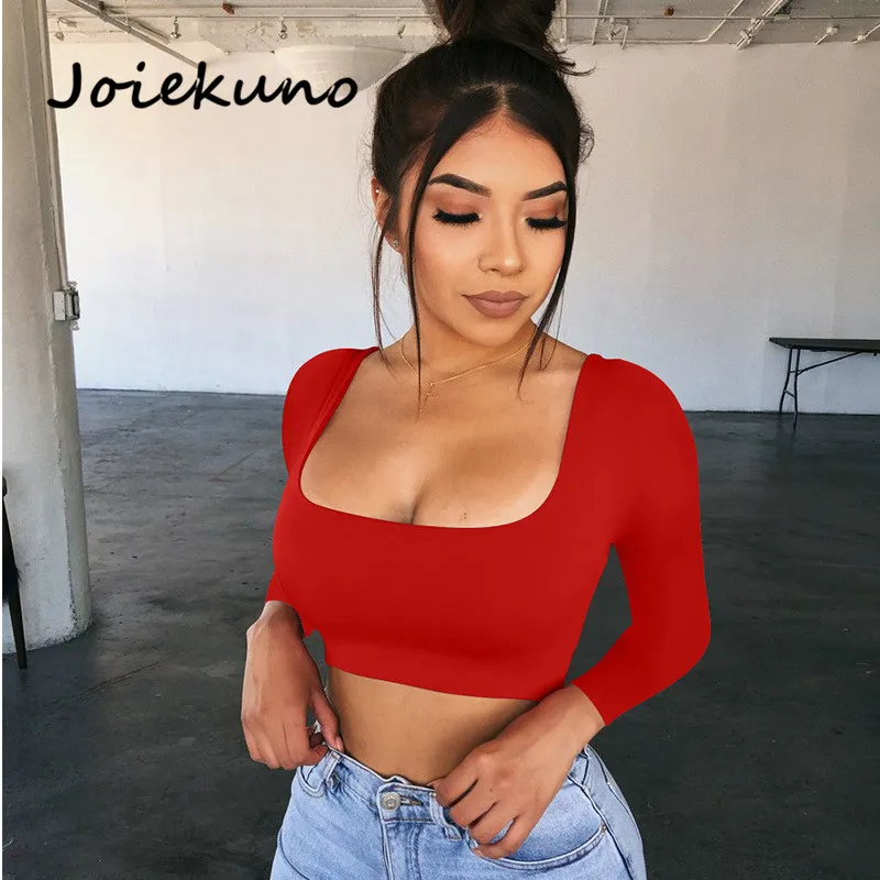 Joiekuno Solid moda feminina сексуальные вечерние топы без бретелек короткий топ с длинным
