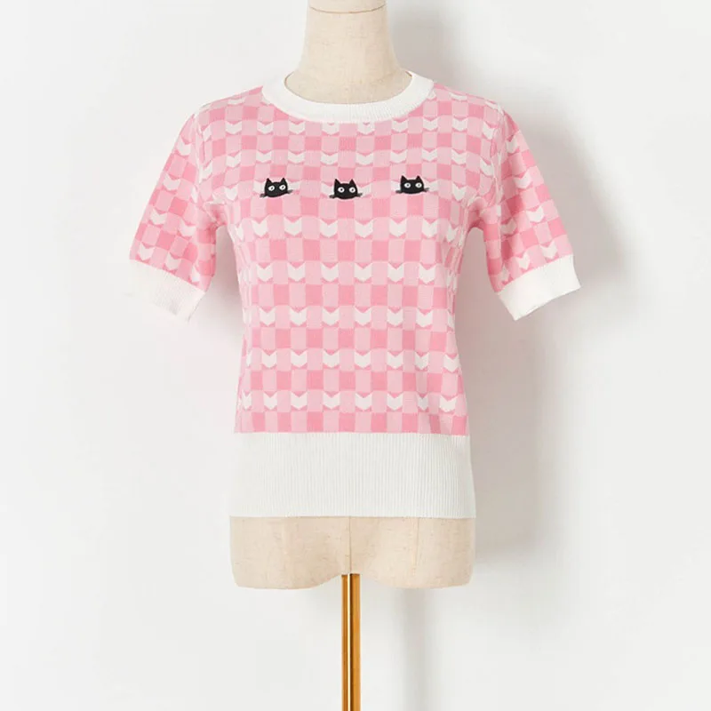 

She Beaty Knitted Pullover Summer Cat Plaid O-Neck Short Sleeve Casual Blue Pink Thin Sweater Jumper Tops Clothes Korean Fashion