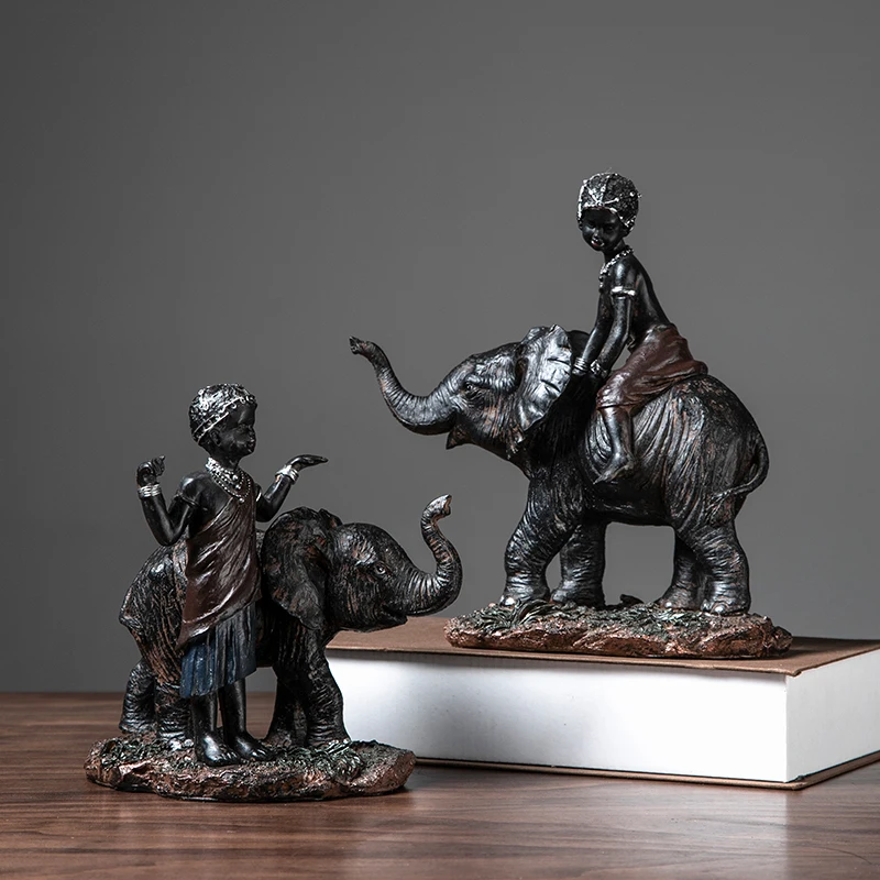

American Retro Resin Riding Elephant Black Kid Decoration Home Livingroom Figurines Crafts Office Desktop Sculpture Accessories