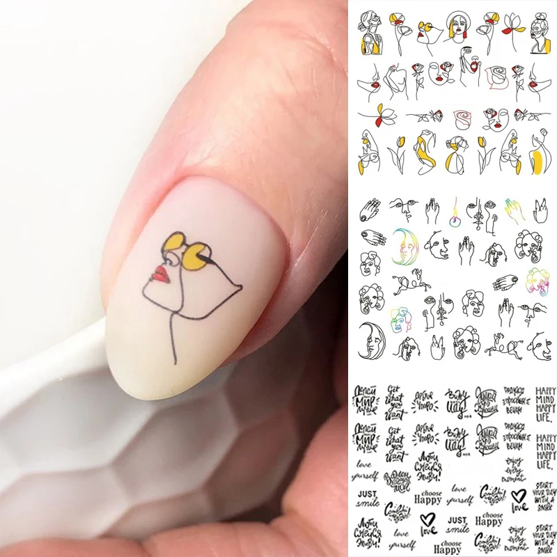 12Patterns/sheet Black Line Coloful Abstract Image Nail Sticker Decals Sexy Girl Water Transfer Slider For Nails DIY Art