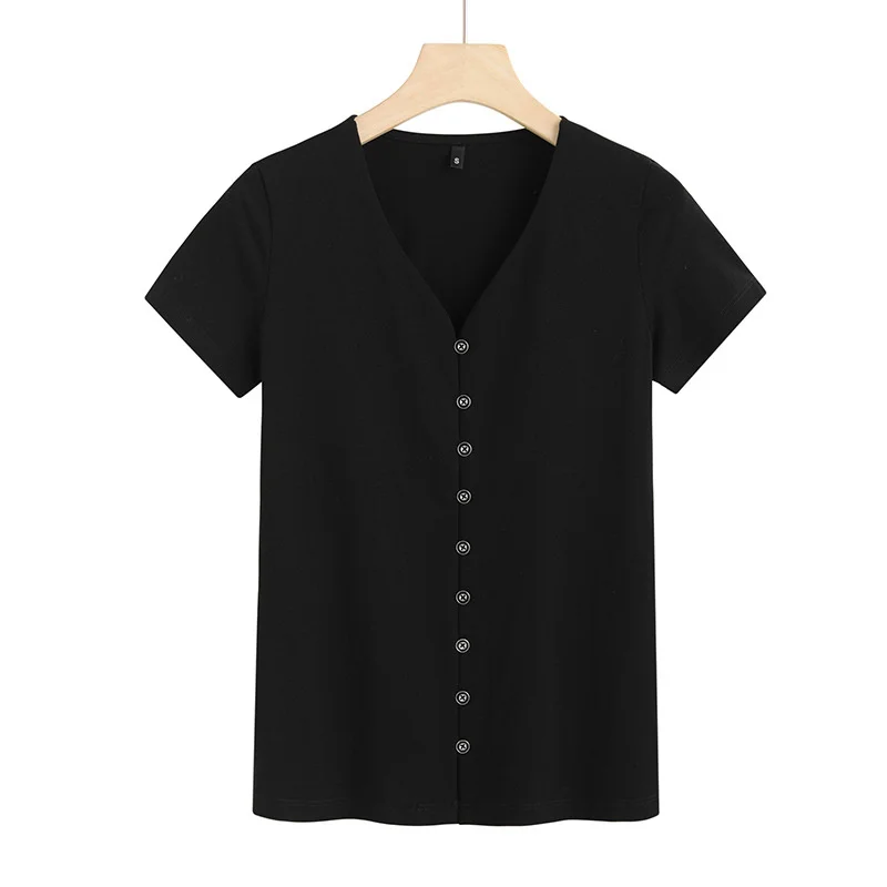 

2021 spring and summer new T-shirt women's short sleeve V-neck cardigan button Korean slim temperament top 6913