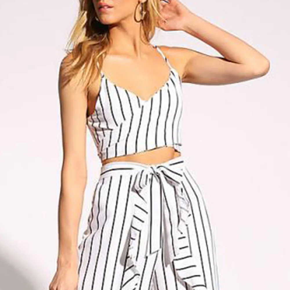 2020 Women's Two Piece Set Summer Stripe Sleeveless Vest Shirt Crop Top Tank Fashion 2PCS Clothes Wide Leg Pant | Женская одежда