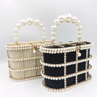 2021 pearl basket evening clutch bag women brand hollow out flowers beaded metallic clutch purse korean bucket handbag party
