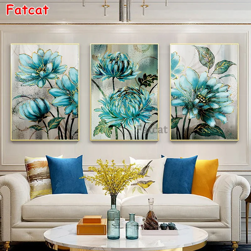 

Diamond Painting 3D Full Drill Blue Flowers Golden Lace Noble Decor Square Round Mosaic Rhinestone Embroidery Christmas PP2402