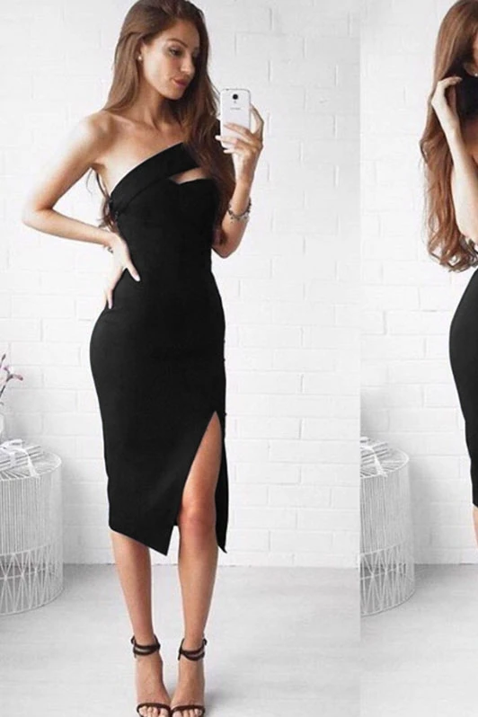

Autumn new one shoulder bra and slim front split open back bandage dress banquet temperament