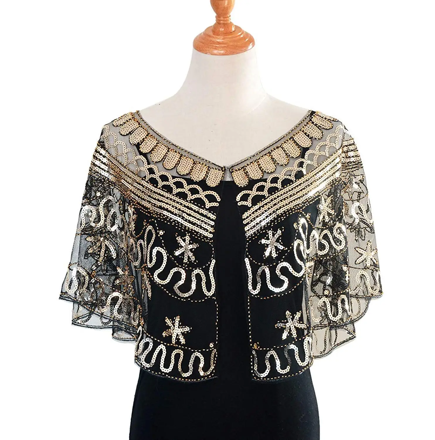Женская Блестящая шаль 1920s пайетки бисер вечерняя накидка болеро черная