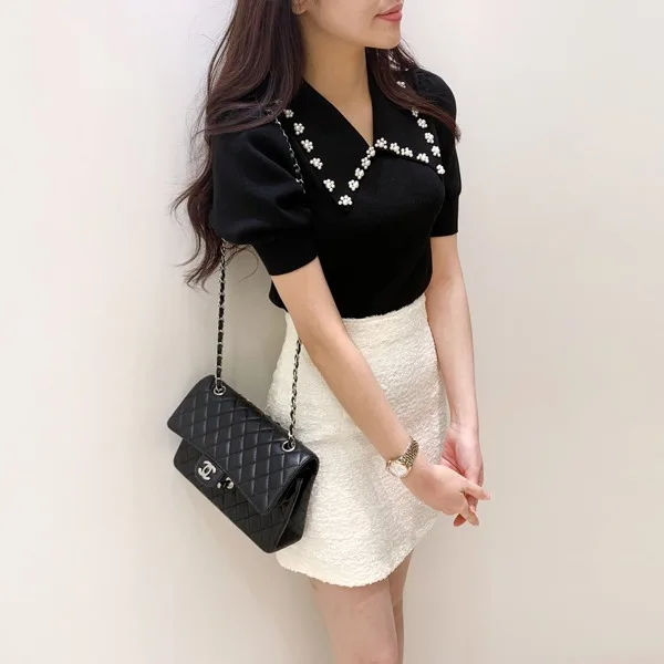 Вязаная футболка с жемчужными бусинами топы женские летние пуловеры коротким