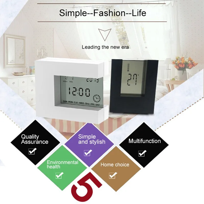 

New Electronic square LCD Calendar Alarm clock digital desk watch white with home Thermometer Count Down Timer battery operated