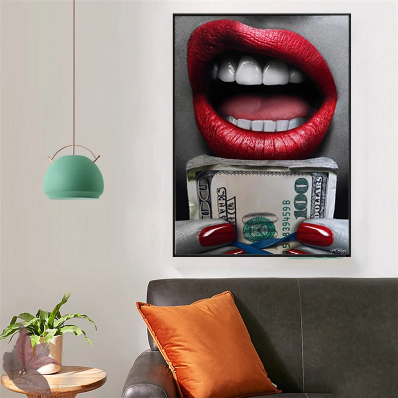 Самоотверженно на холсте в виде красных губ с плакаты изображением оружия и