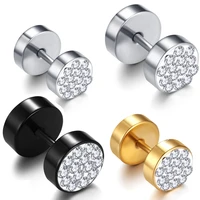 1pair blacksilver gold color men double sided round stud earrings for women stainless steel crystal earrings piercing jewelry