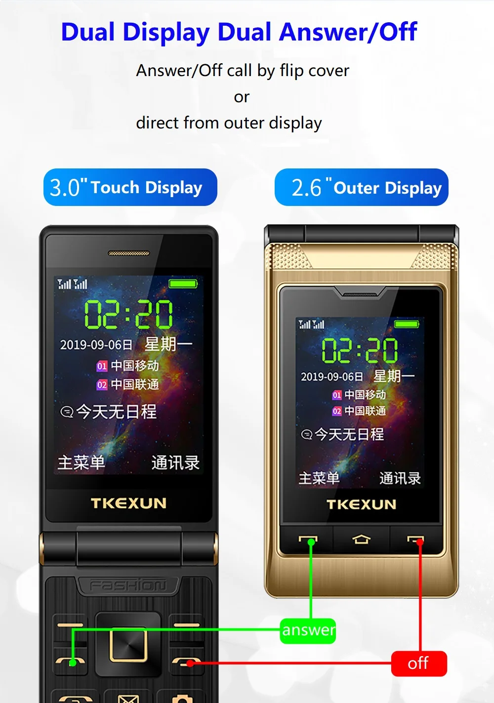 Tkexun, бесплатный Чехол, двойной экран, сенсорный дисплей 2,", двойной ответ, черный список, быстрый набор, SOS Вызов, большой брелок-фонарик, флип, мобильный телефон