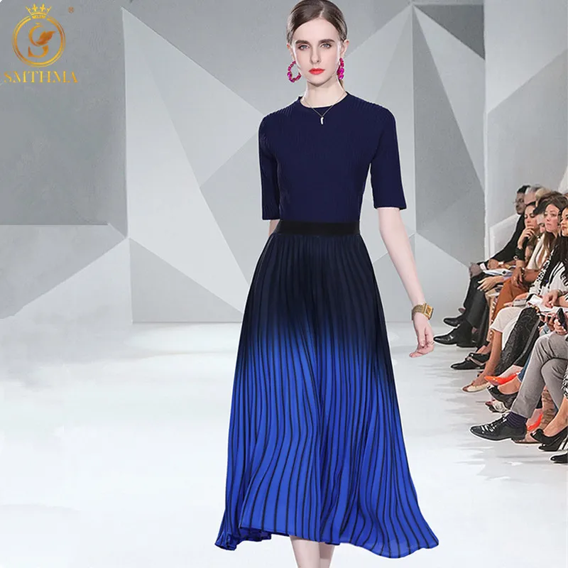 

SMTHMA New Women's O-Neck Knitted Short Sleeve Top Sweater Two-Piece Sets+Elastic high Waist Chiffon Gradient Pleated Skirt Suit