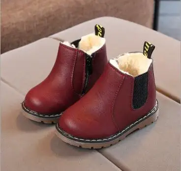 wine red with fur Осенне-зимние детские ботинки; кожаные ботинки в британском стиле для мальчиков; Тонкие Ботинки martin в стиле ретро для девочек; Водонепроницаемая Обувь с подошвой из коровьей кожи - Цвет: wine red with fur