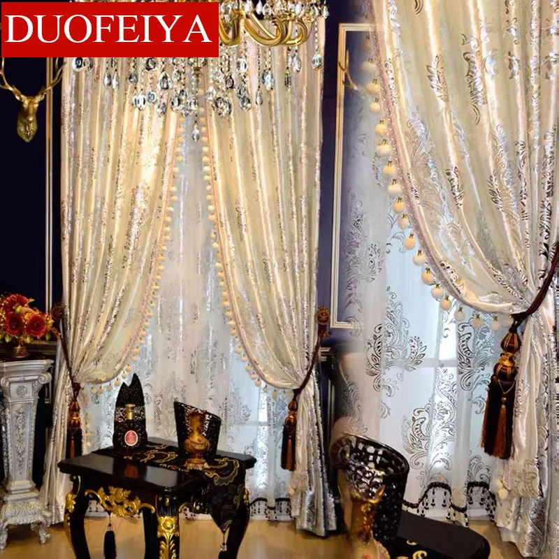 

European and American Villa Living Room Bedroom White Hot Silver Pattern Tassel Hair Ball Lace Curtains Sheer Tulle Curtain