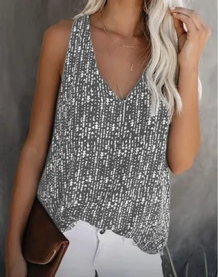 

Fashion summer loose casual V-neck printing color sleeveless vest top T-shirt women's clothing shirts women womens clothing