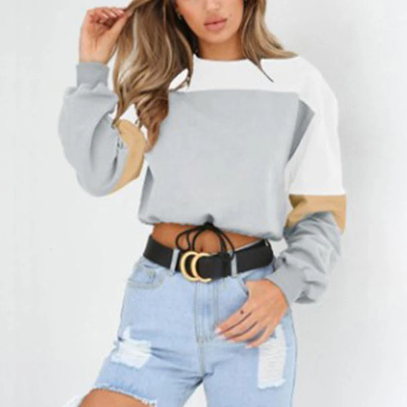 

Fashion Splcing Color Hoodies Pullover Women's Autumn Winter Round Neck Hoodie Long-sleeved Drawstring Short Female Sweatshirt