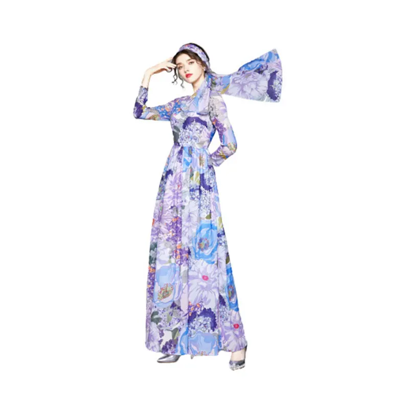 

Ladies Floral Print Bohemian DRESS PLUS Scarf Long Sleeve Jupe Longue Zipper FASHION WOMAN DRESS Printed Dress Casual Ladies