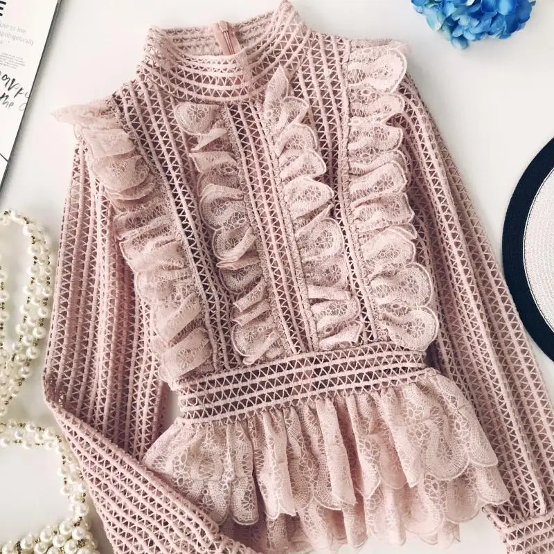 Милые кружевные рубашки с рюшами и стоячим воротником плиссированные блузки