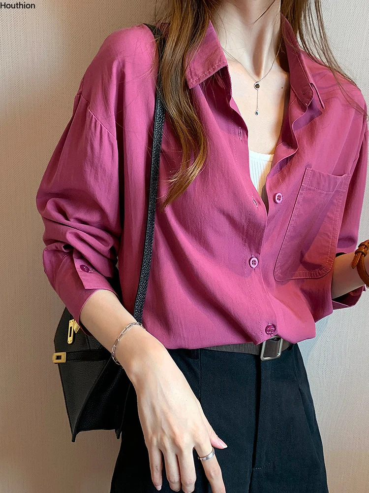 

Блузка женская однотонная с длинным рукавом, удобный Свободный Топ с лацканами, на пуговицах, офисная одежда для отдыха, на лето