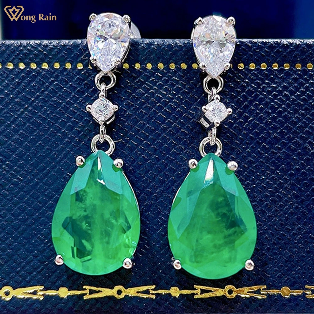 

Wong Rain 925 Sterling Silver Pear 10*14 MM Emerald Created Moissanite Gemstone Anniversary Drop Dangle Earrings Jewelry Gift