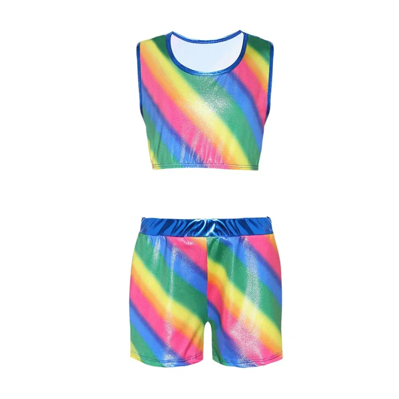 

Gymnastics Suit Girls Ballet Dance Practice Crop Top Clothes Dance Pants Suit Rainbow Color Split Bodysuit Dancewear OK