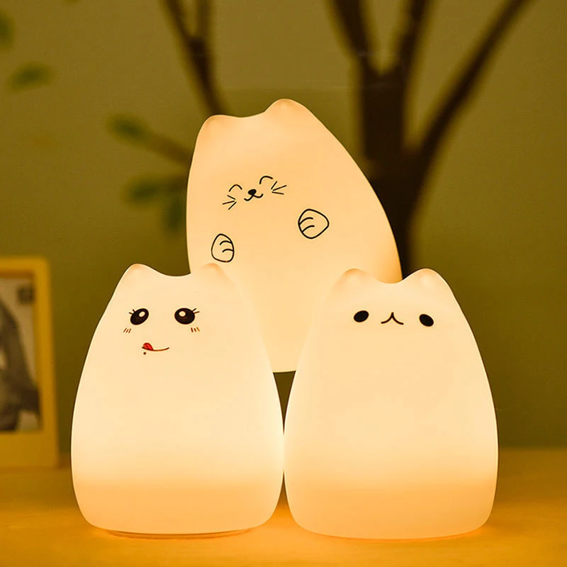 

Cute LED Night Light Silicone Touch Sensor 7 Colors Cat Night Lamp Kids Baby Bedroom Desktop Decor Ornaments Battery/USB Charge