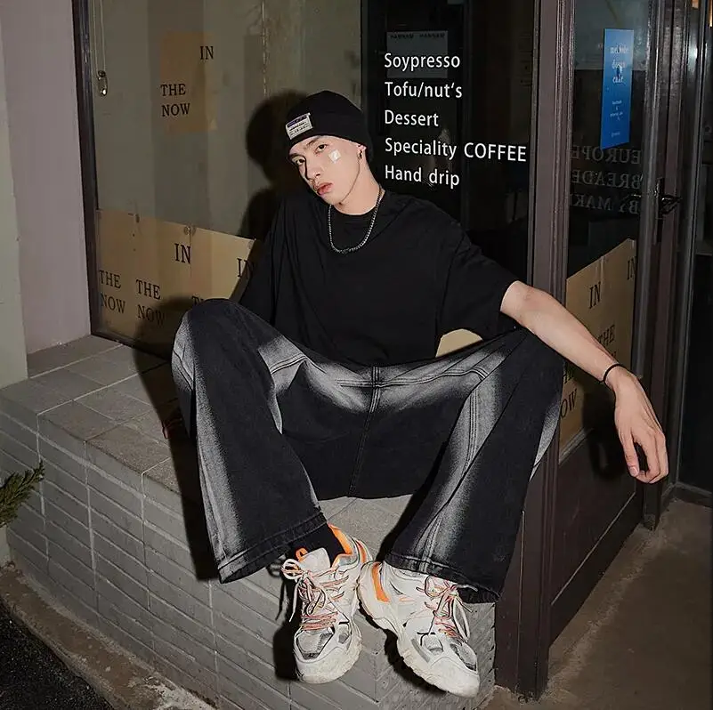 DIMI Hip Hop Wide Leg Tie Dry Street Black Gothic Pants Harajuku Man Jeans Korean