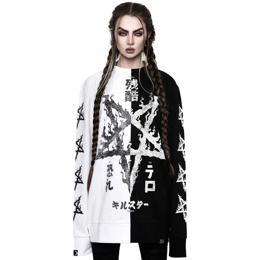 

Women's Autumn New T-shirt Gothpunk Funny Dark Style Contrast Stitching Long-sleeved Round Neck Pentagram Design Print Top