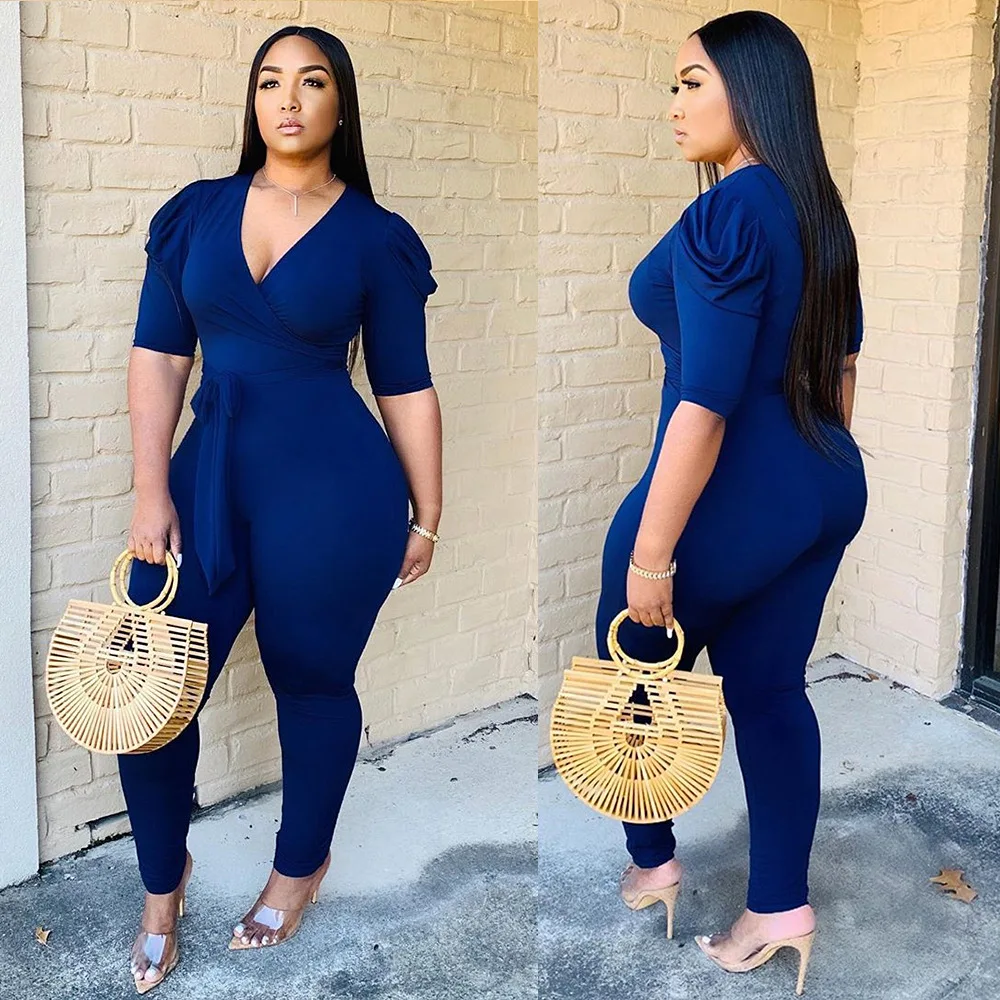 

2020 Wholesale Casual Women Long Jumpsuit Hot Sale Summer Femme V Neck Short Sleeve Rompers Female Overalls Catsuit 2 Color
