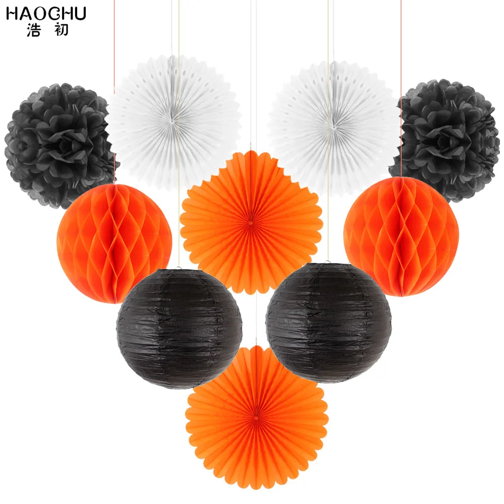 Orange Black Новинка 10 шт./компл. Свадебные украшения для дня рождения DIY Декор бумажные соты светильник-шар цветы помпоны полые веера помолвка - Цвет: Orange Black