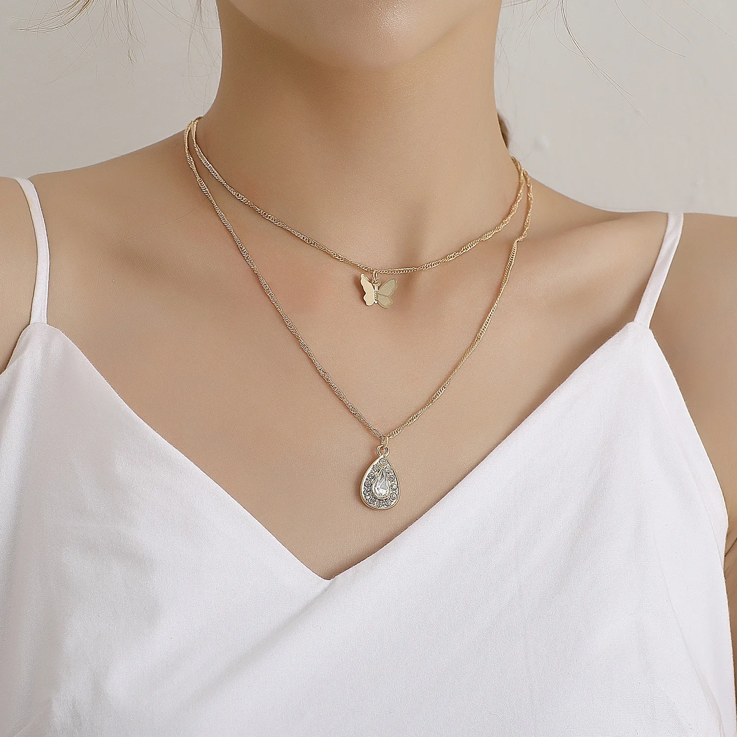 

Athens Beauty Geometric Butterfly Water Drop Pendant Double Necklace Female Handmade Wild Simple Fashion Item H1