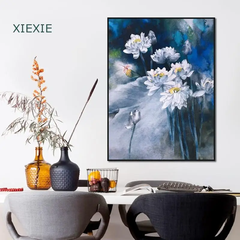 

Oil Painting Style Flower Canvas Poster Lotus Leaf Dragonfly Pictures for Home Room Modern Unique Decor House Wallpaper Artwork