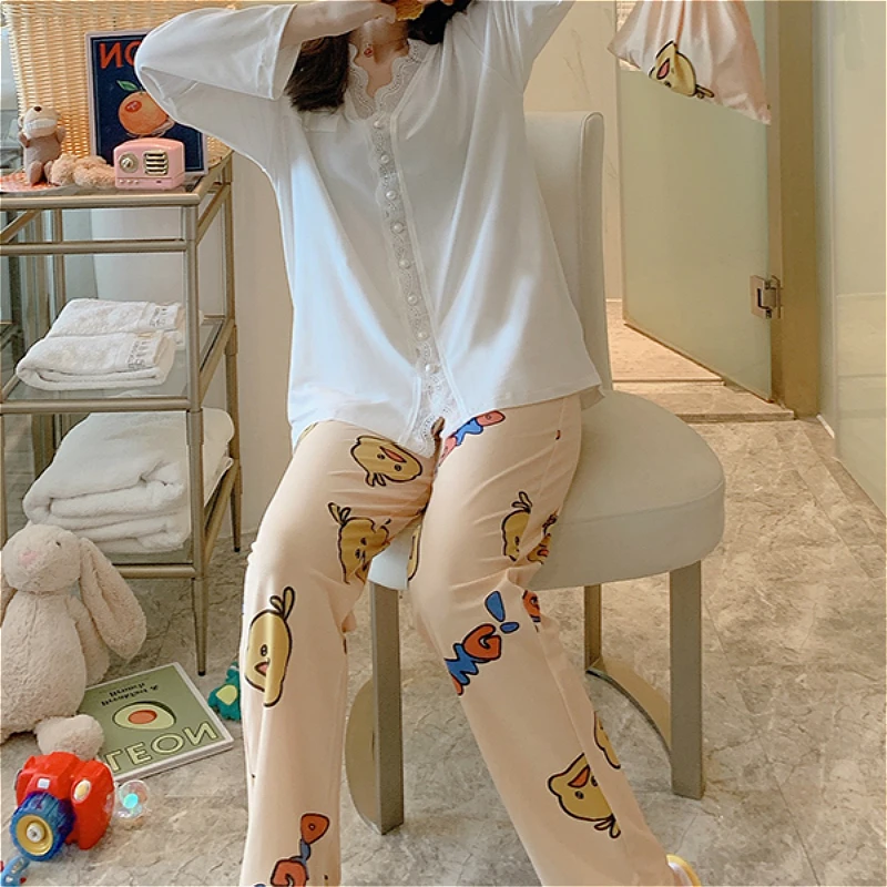 

New V-neck Lace pajamas fashion long sleeve casual and comfortable Cute cartoon female sleep pants spring girls home clothes 3PC