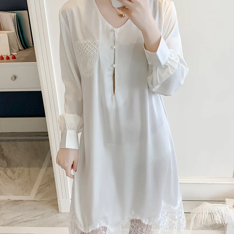 

Nightdress For Women Casual Satin Nightwear Intimate Lingerie Loose Sleepwear Lace Patchwork Home Dressing Gown Thin Nightgown