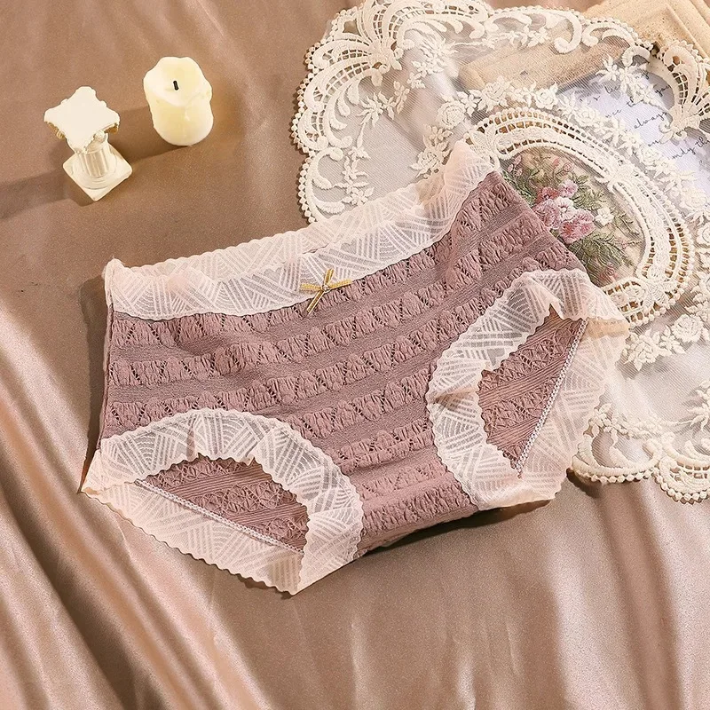 

2021 Hollow Fashion Lace Trim Lady Briefs Japanese Girls Underpants Cotton Bow Breathable Safety Student Leisure Summer Panties
