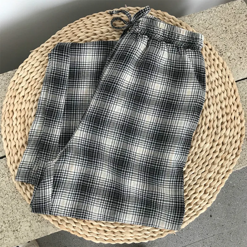 High Waist Black Plaid Wide Leg Pants Women 2020 Vintage Casual Female Pocket Streetpants Cotton Loose Straight Pants Trousers
