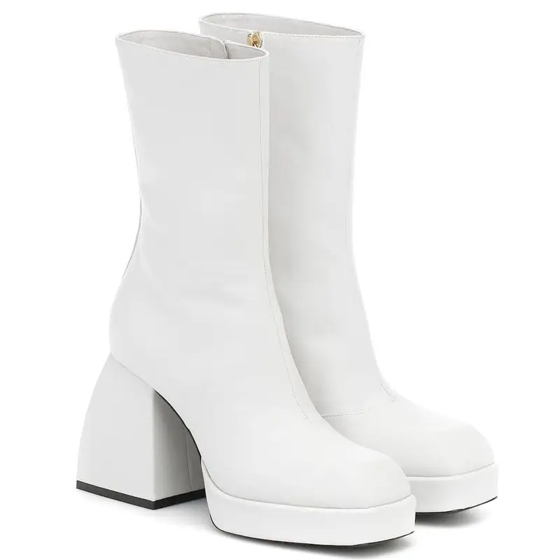 

show Square head platform thick short boots British heel color matching leather women's style thick bottom side zipper