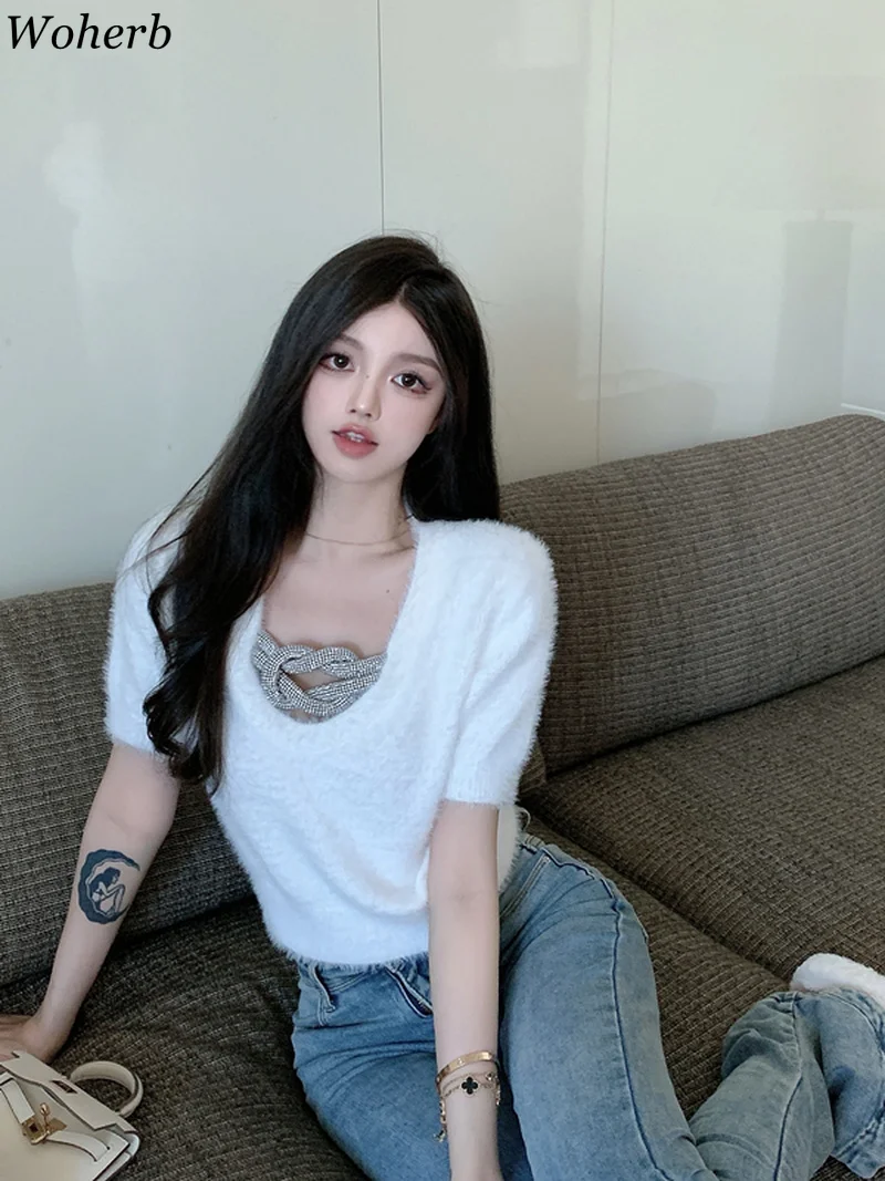 Женские свитера Woherb осенняя одежда сексуальные укороченные пуловеры с V-образным