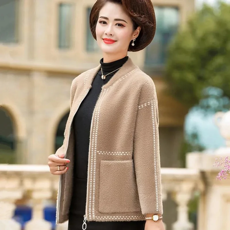

Autumn Imitated mink Jacket Women Elegant Mom's Plus size 5XL Coat Ladies Casual Slim Solid color Outwear With Pockets Female