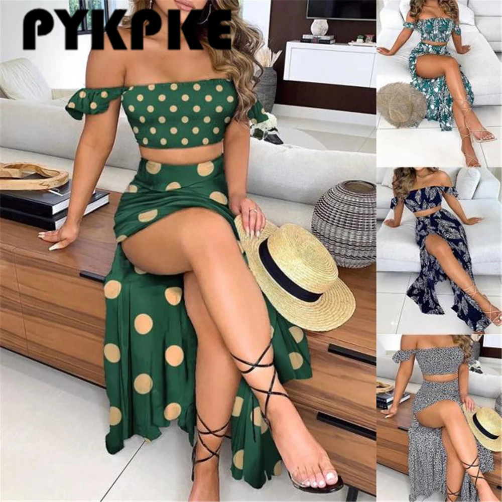 Women Floral Print Long Dress Sets Sexy Off Shoulder Tops And Split Skirt Suit Summer Party Two Piece Set Vestidos