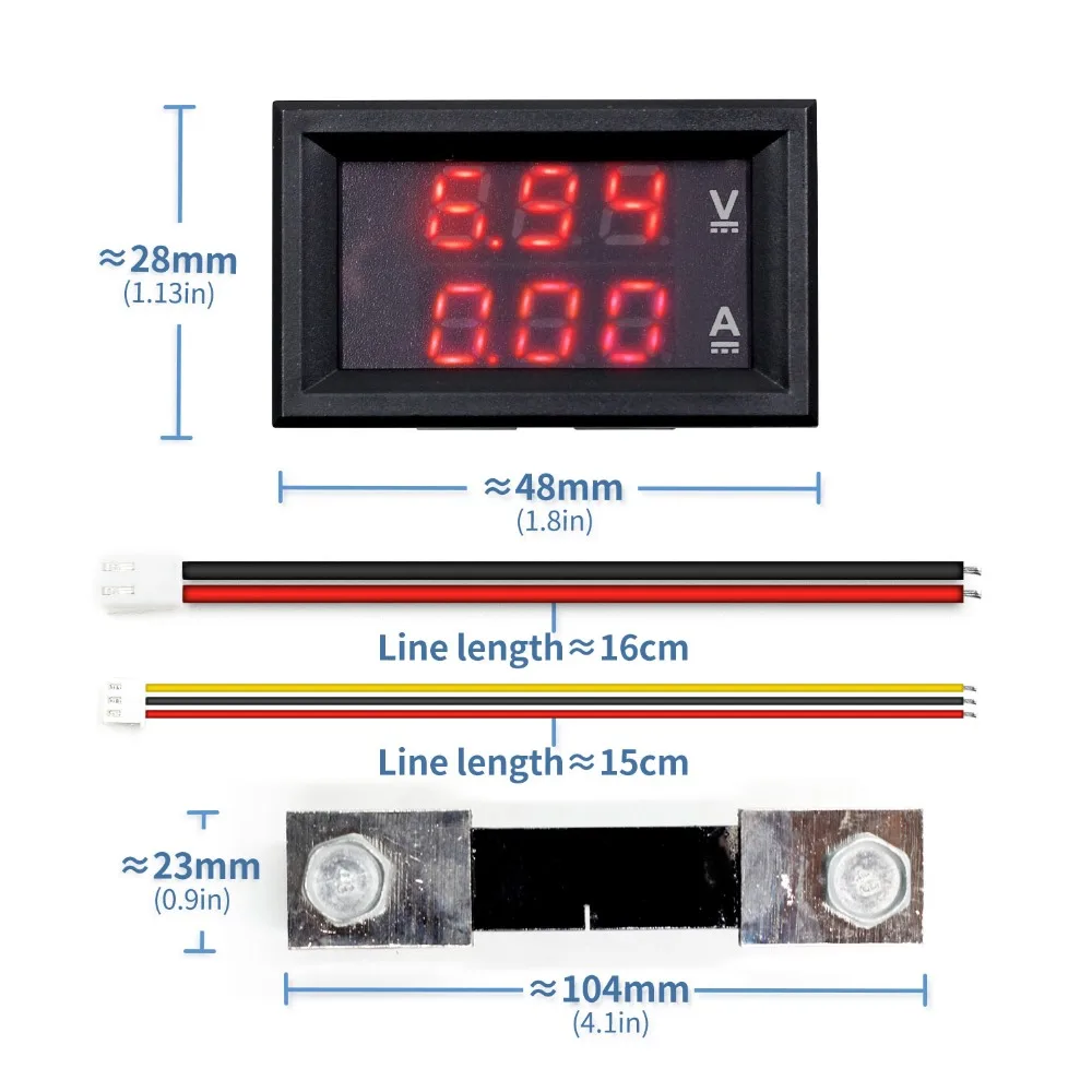 Mini Digital Voltmeter Ammeter DC 100V 10A 50A 100A Panel Amp Volt Voltage Current Meter Tester 0.56" Blue Red Dual LED Display