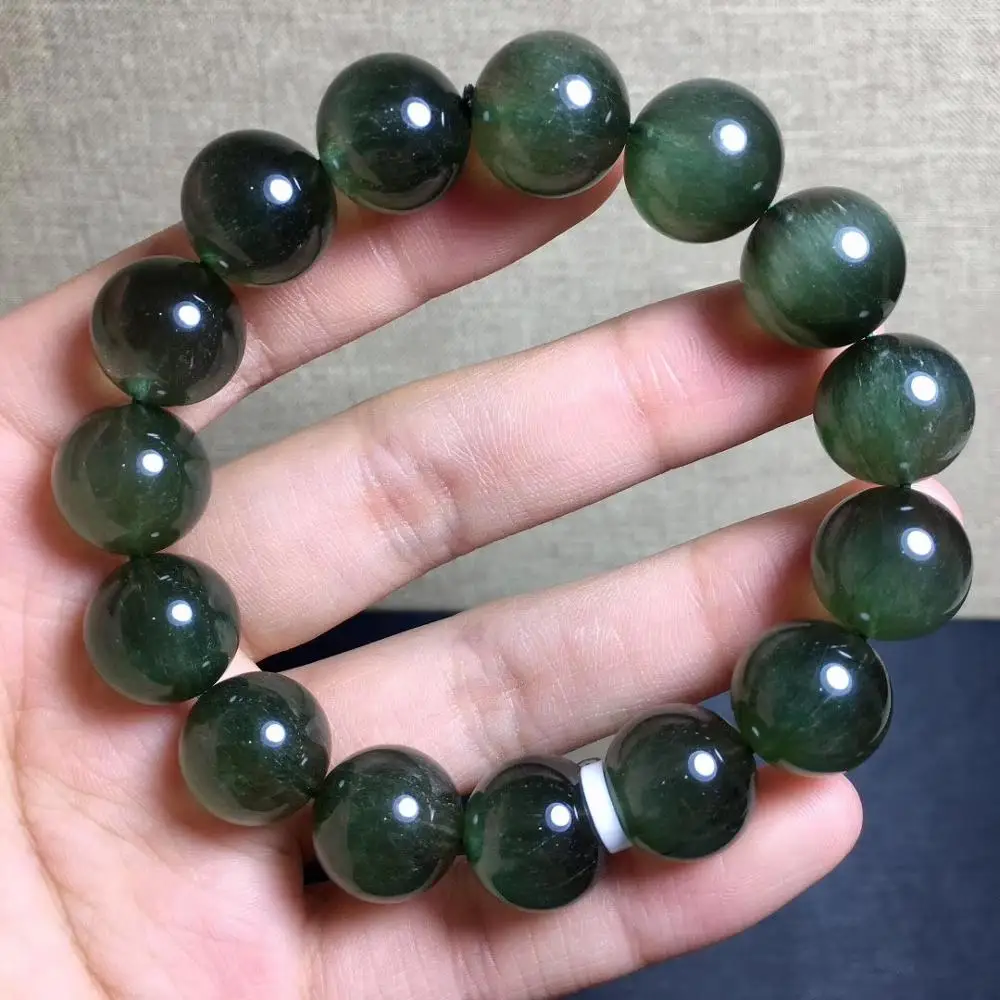 

14mm Top Natural Green Rutilated Quartz Bracelet For Woman Man Strong Cat Eye Round Beads Crystal Jewelry AAAAA Certificate