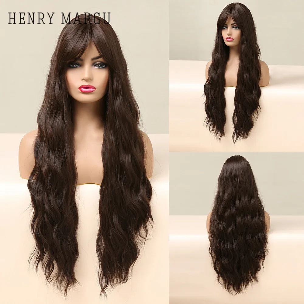 

HENRY MARGU Long Water Wave Synthetic Wigs with Bangs Natural Black Dark Brown Cosplay Hair Wigs for Women Afro Heat Resistant